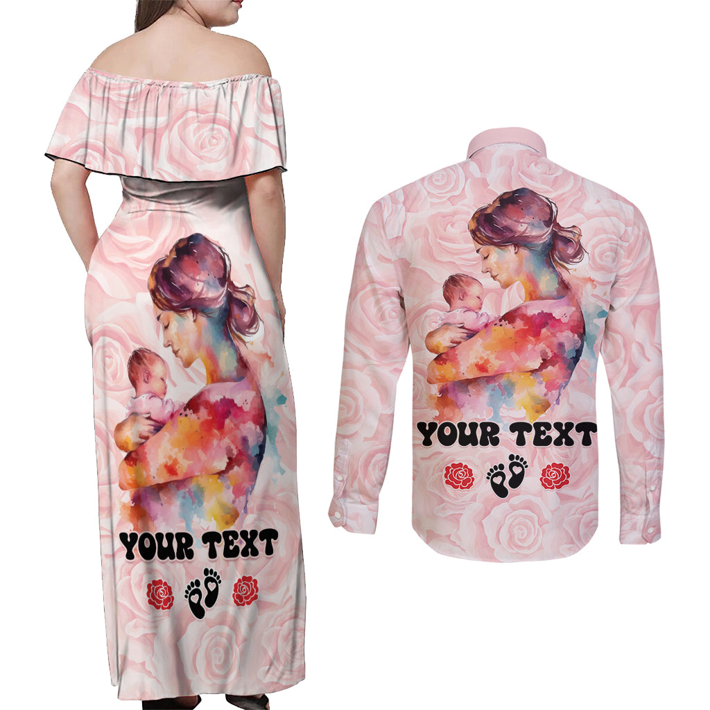 Happy Mother Day Couples Matching Off Shoulder Maxi Dress and Long Sleeve Button Shirt Mommy Est 2024 - Wonder Print Shop