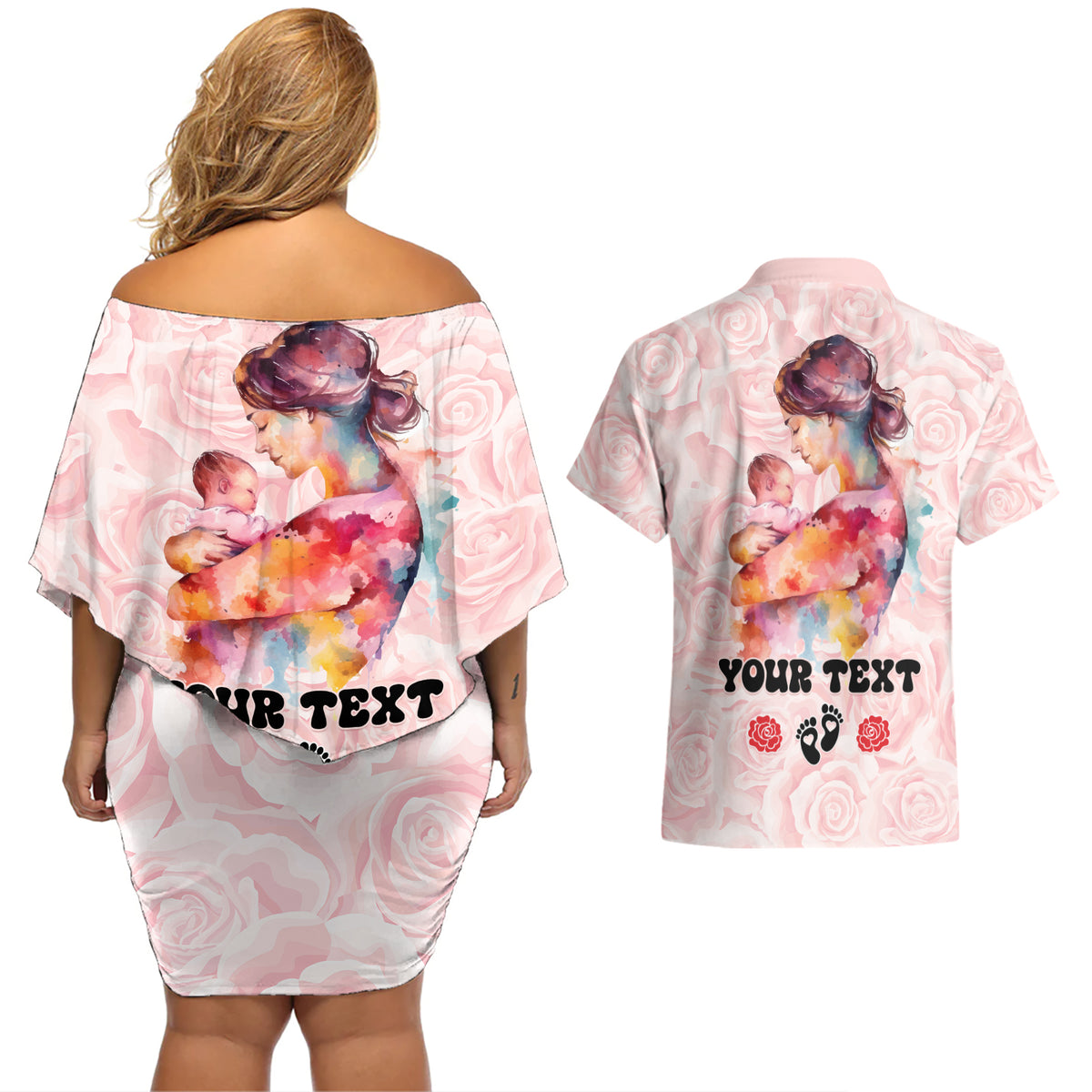Happy Mother Day Couples Matching Off Shoulder Short Dress and Hawaiian Shirt Mommy Est 2024 - Wonder Print Shop