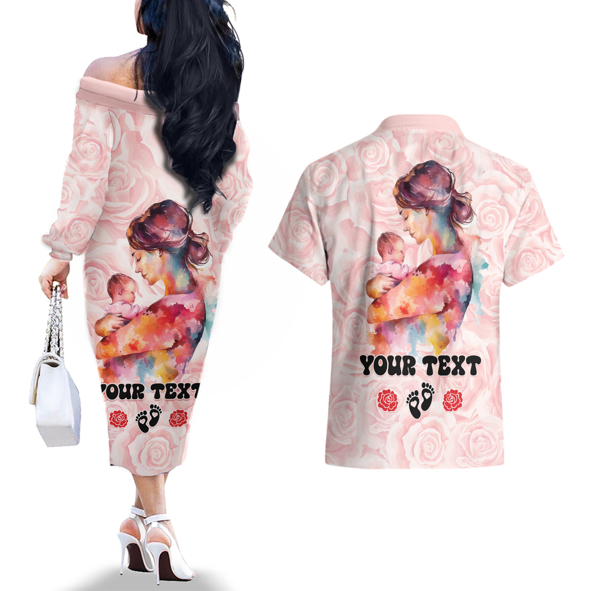 Happy Mother Day Couples Matching Off The Shoulder Long Sleeve Dress and Hawaiian Shirt Mommy Est 2024 - Wonder Print Shop