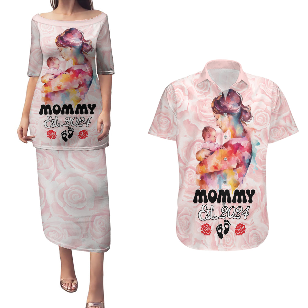 Happy Mother Day Couples Matching Puletasi and Hawaiian Shirt Mommy Est 2024 - Wonder Print Shop