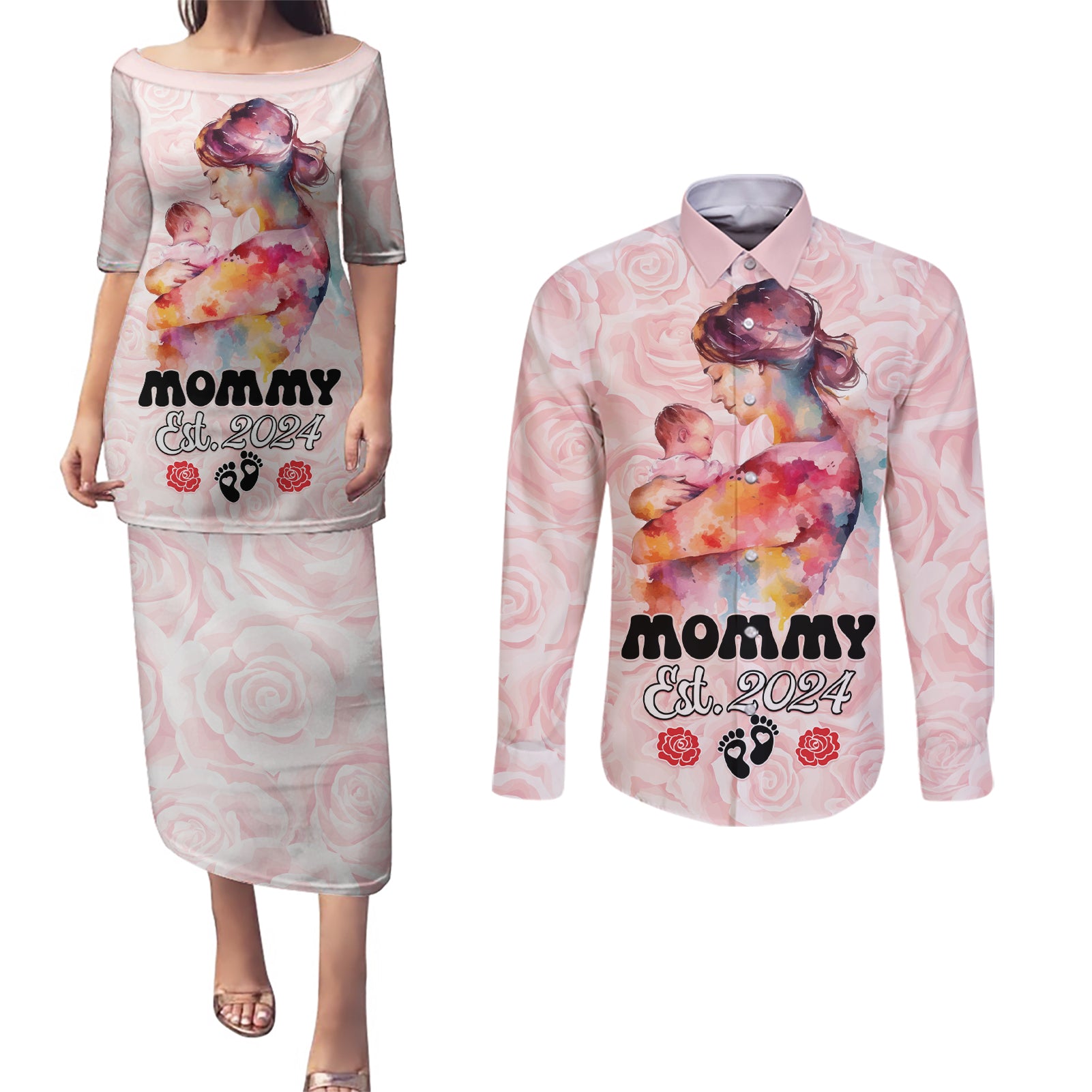 Happy Mother Day Couples Matching Puletasi and Long Sleeve Button Shirt Mommy Est 2024 - Wonder Print Shop
