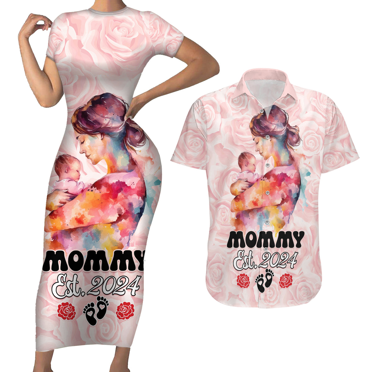 Happy Mother Day Couples Matching Short Sleeve Bodycon Dress and Hawaiian Shirt Mommy Est 2024 - Wonder Print Shop