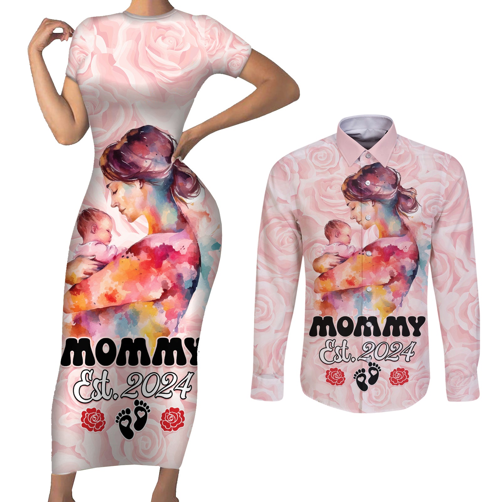 Happy Mother Day Couples Matching Short Sleeve Bodycon Dress and Long Sleeve Button Shirt Mommy Est 2024 - Wonder Print Shop