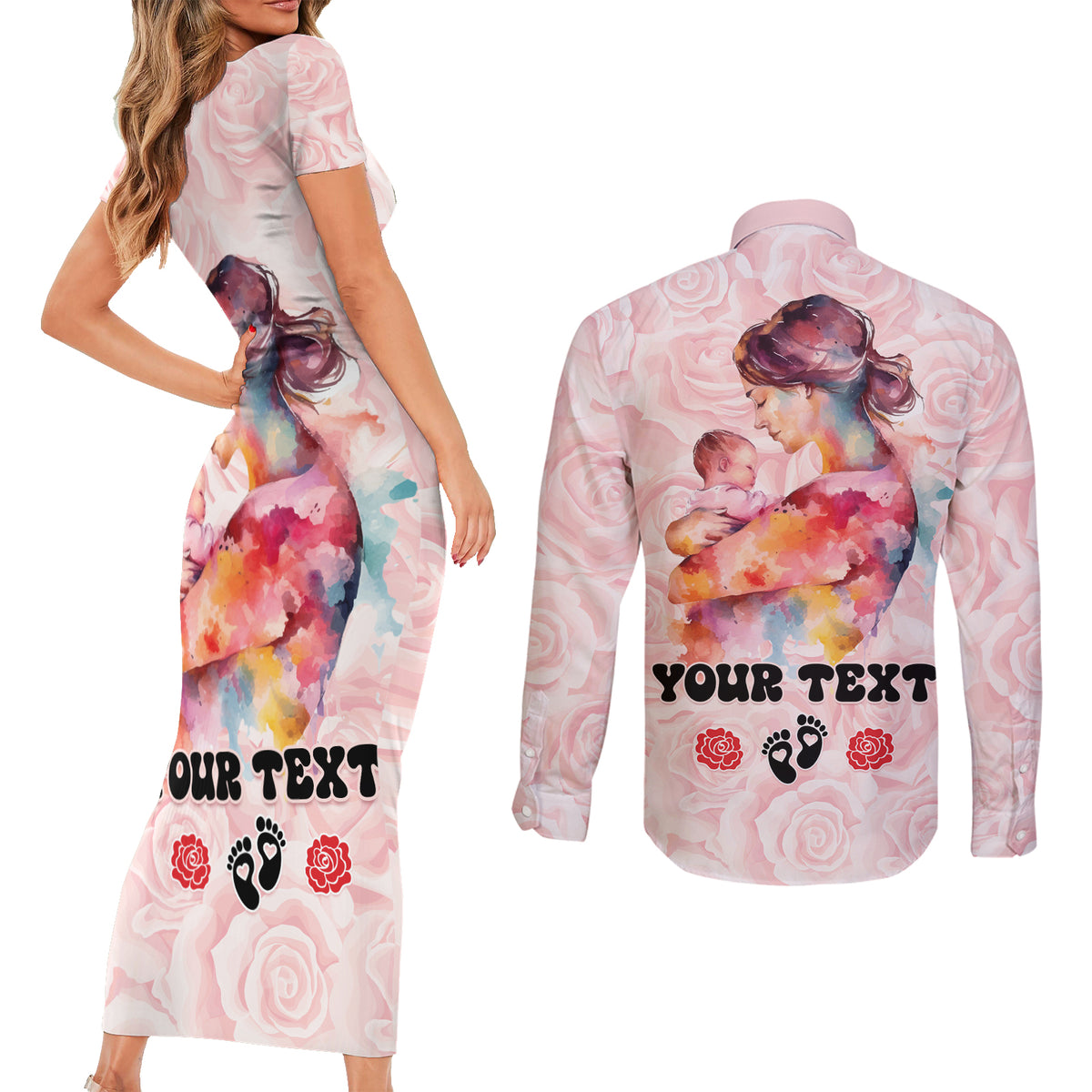 Happy Mother Day Couples Matching Short Sleeve Bodycon Dress and Long Sleeve Button Shirt Mommy Est 2024 - Wonder Print Shop
