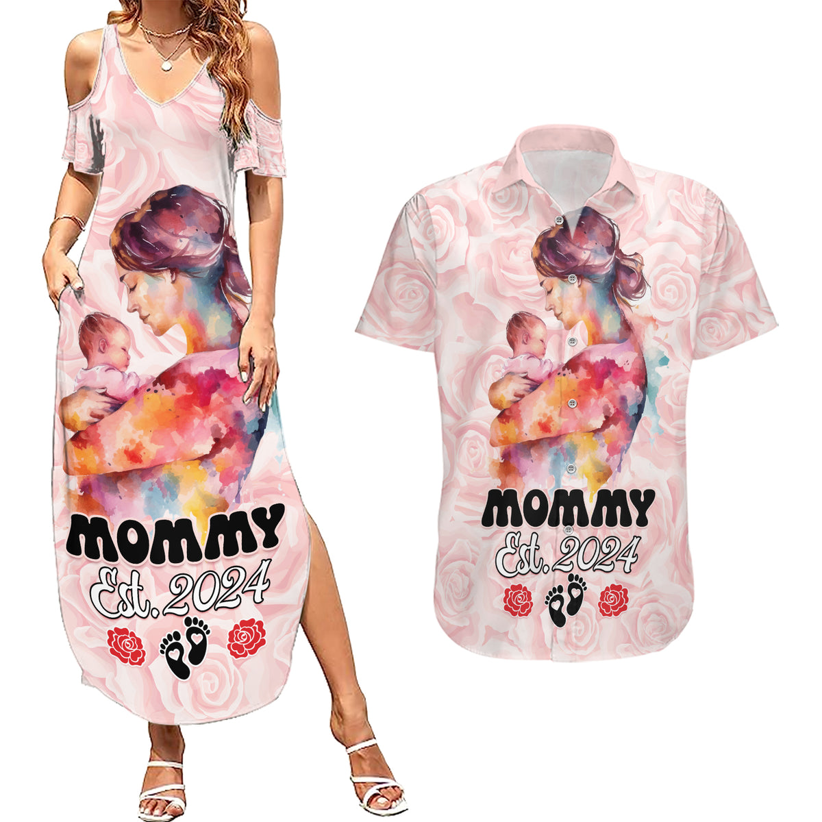 Happy Mother Day Couples Matching Summer Maxi Dress and Hawaiian Shirt Mommy Est 2024 - Wonder Print Shop