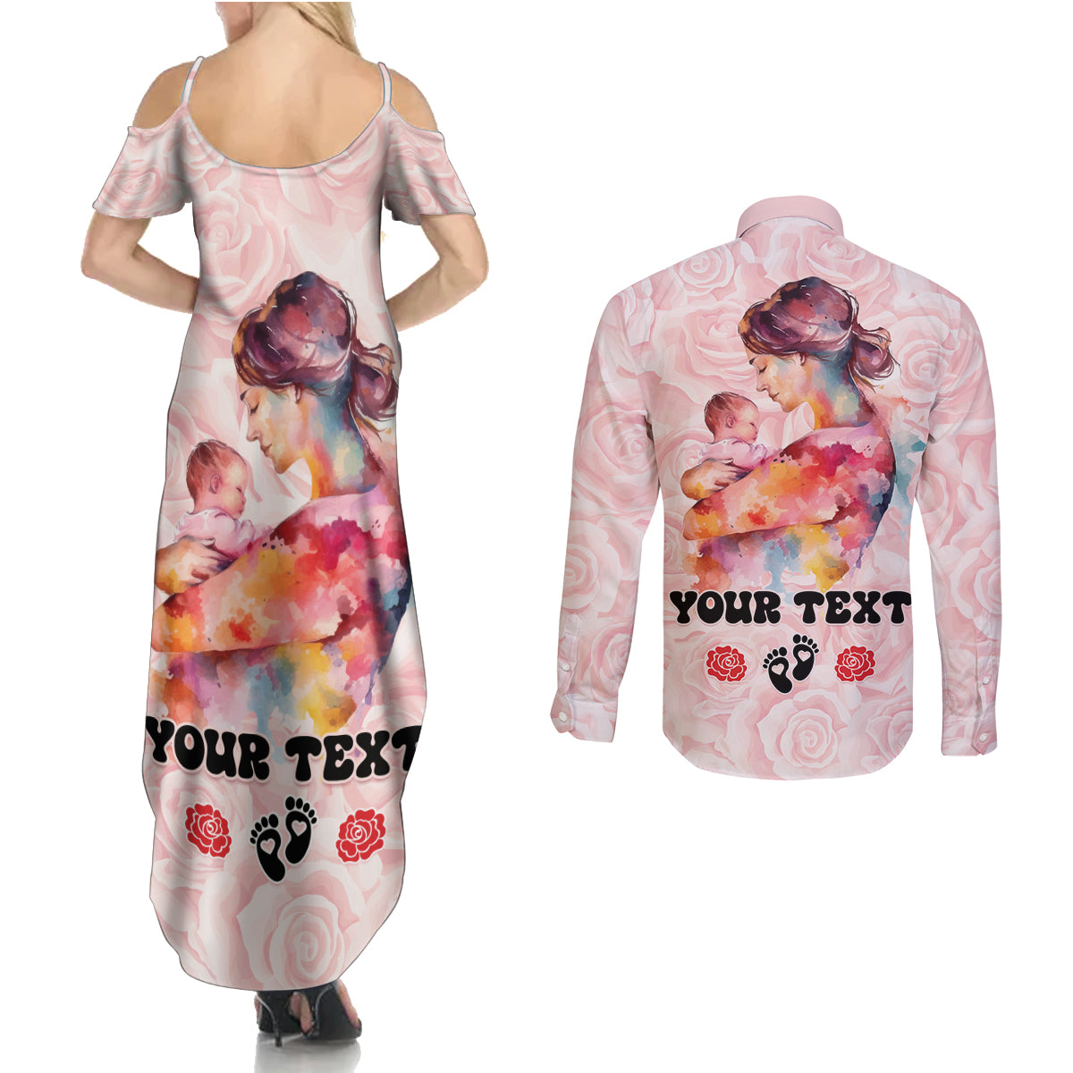 Happy Mother Day Couples Matching Summer Maxi Dress and Long Sleeve Button Shirt Mommy Est 2024 - Wonder Print Shop