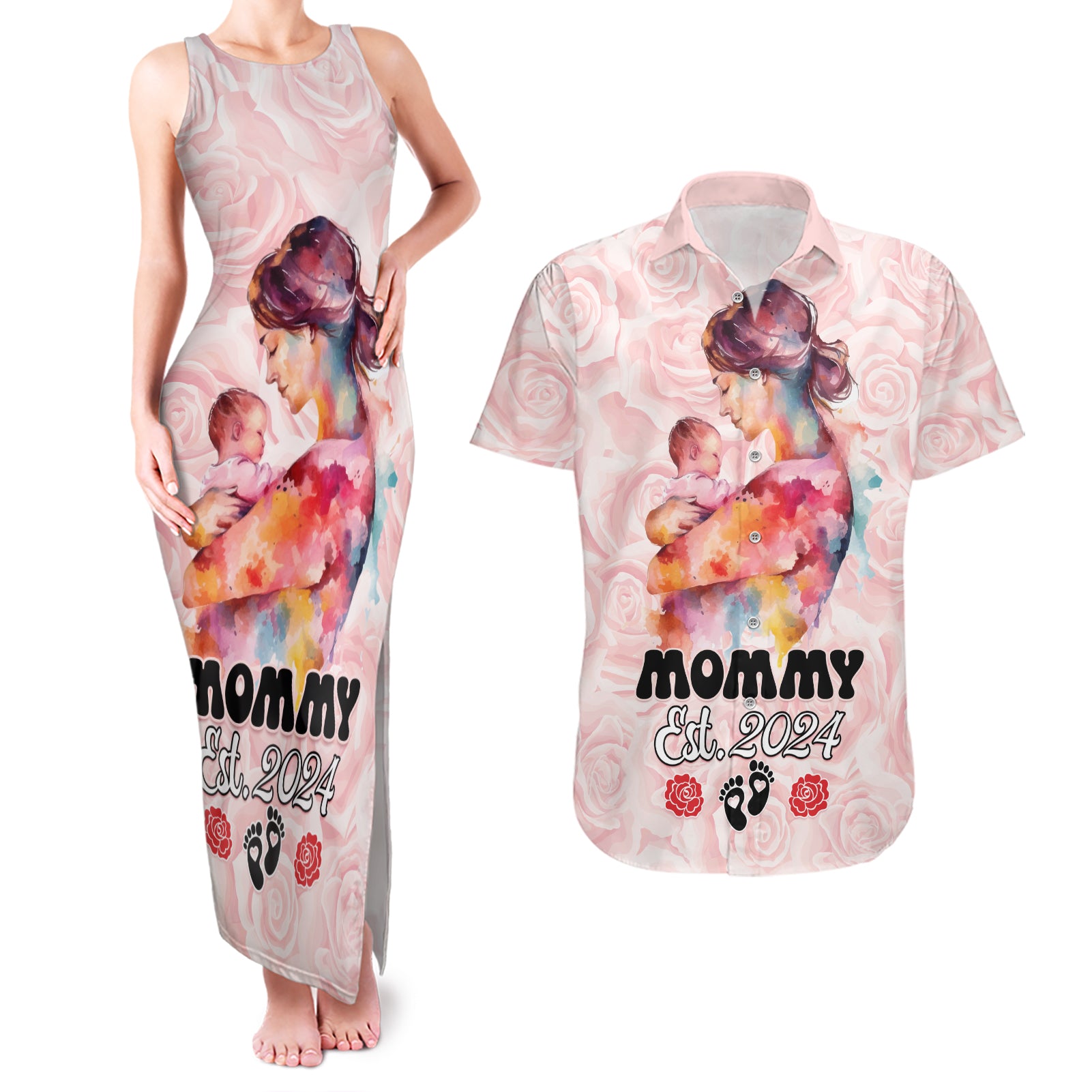 Happy Mother Day Couples Matching Tank Maxi Dress and Hawaiian Shirt Mommy Est 2024 - Wonder Print Shop