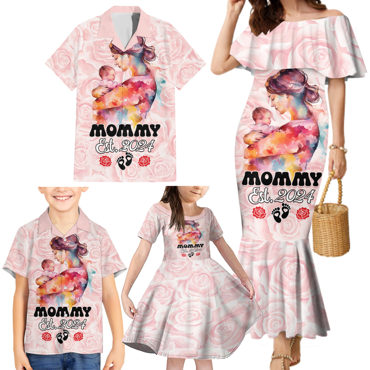 Happy Mother Day Family Matching Mermaid Dress and Hawaiian Shirt Mommy Est 2024 - Wonder Print Shop