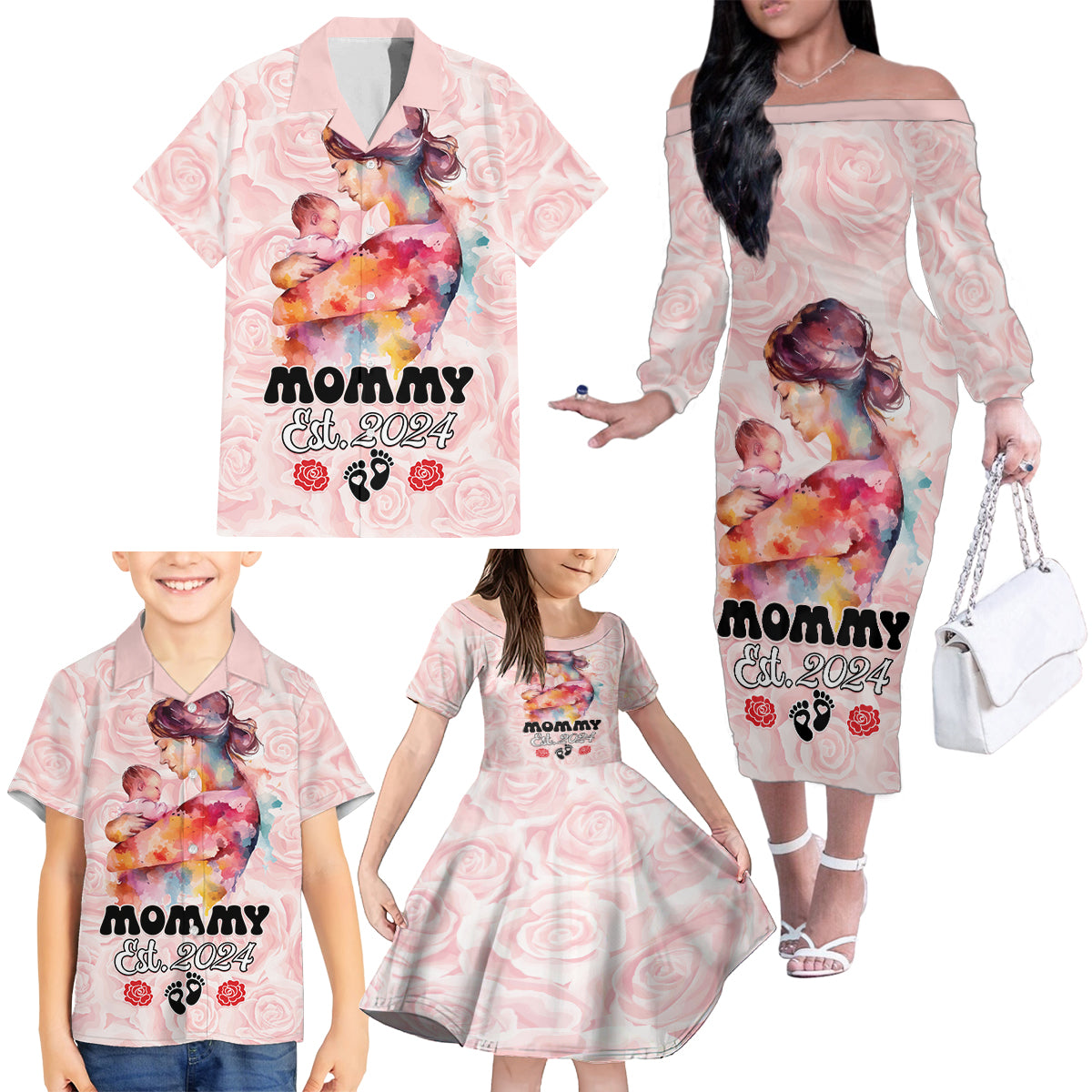 Happy Mother Day Family Matching Off The Shoulder Long Sleeve Dress and Hawaiian Shirt Mommy Est 2024 - Wonder Print Shop