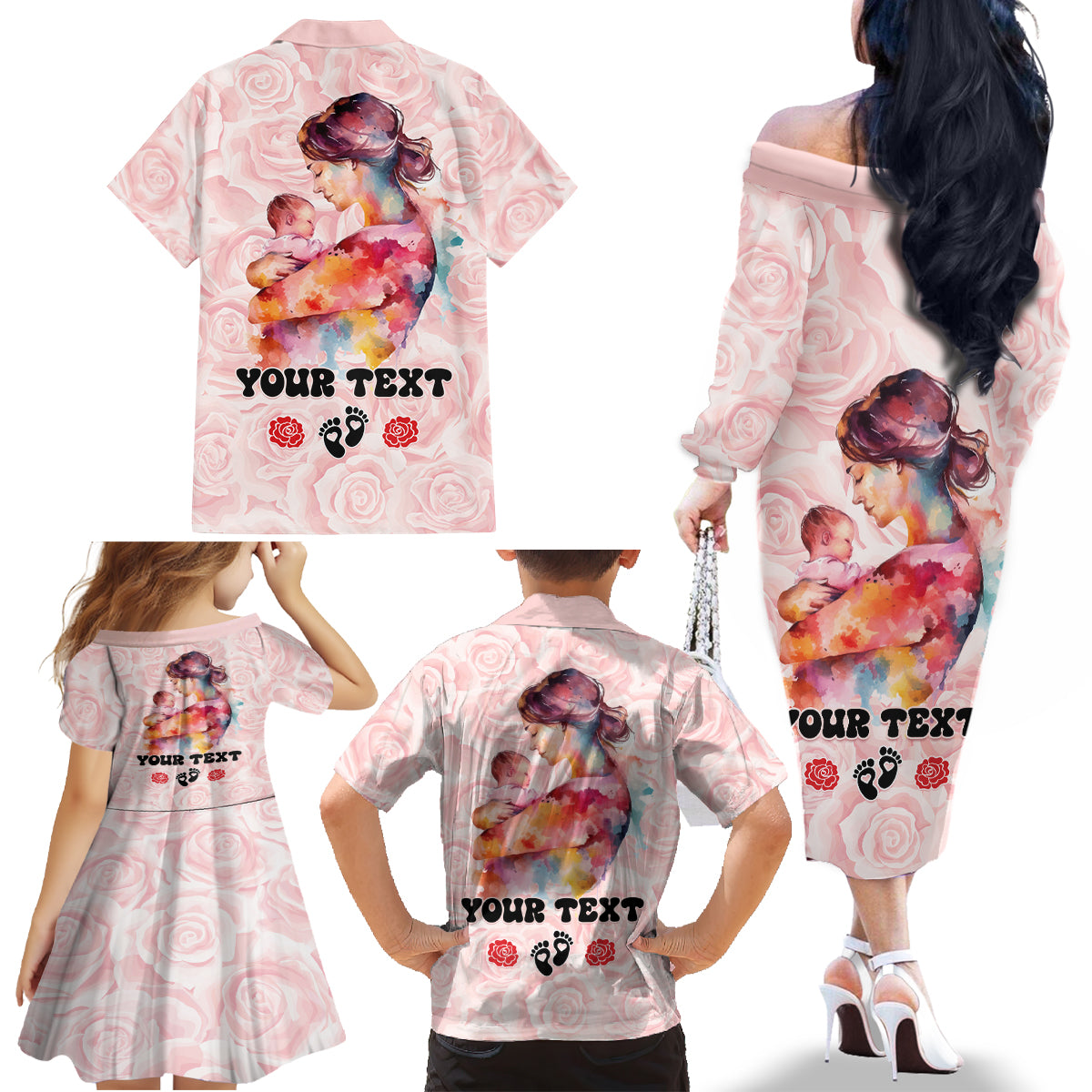 Happy Mother Day Family Matching Off The Shoulder Long Sleeve Dress and Hawaiian Shirt Mommy Est 2024 - Wonder Print Shop