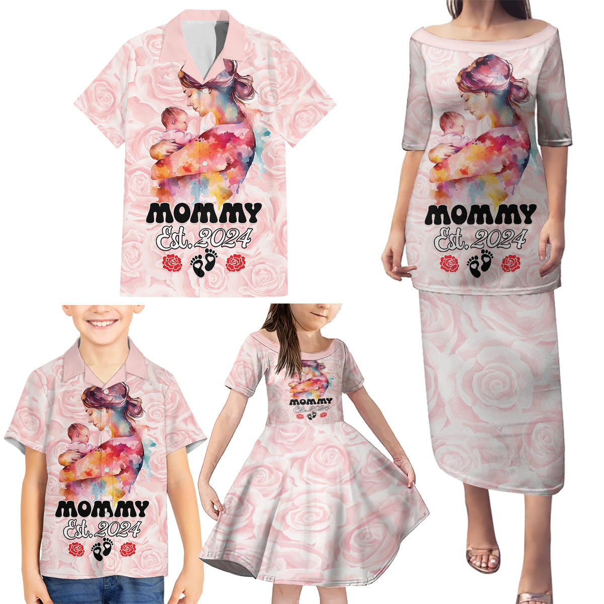 Happy Mother Day Family Matching Puletasi and Hawaiian Shirt Mommy Est 2024 - Wonder Print Shop