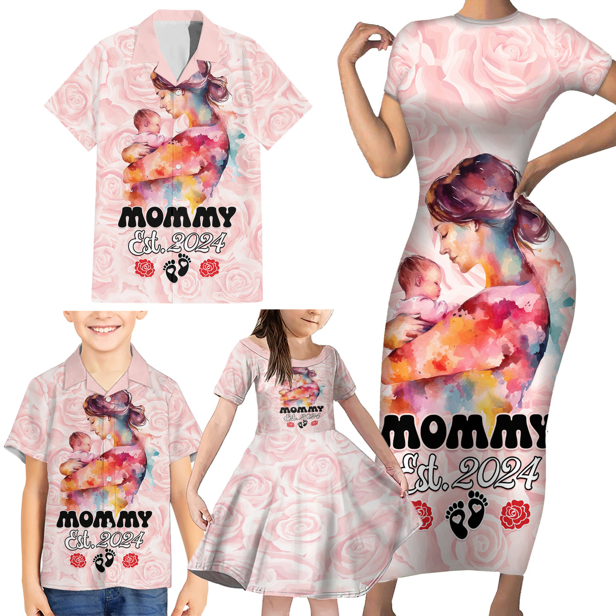Happy Mother Day Family Matching Short Sleeve Bodycon Dress and Hawaiian Shirt Mommy Est 2024 - Wonder Print Shop