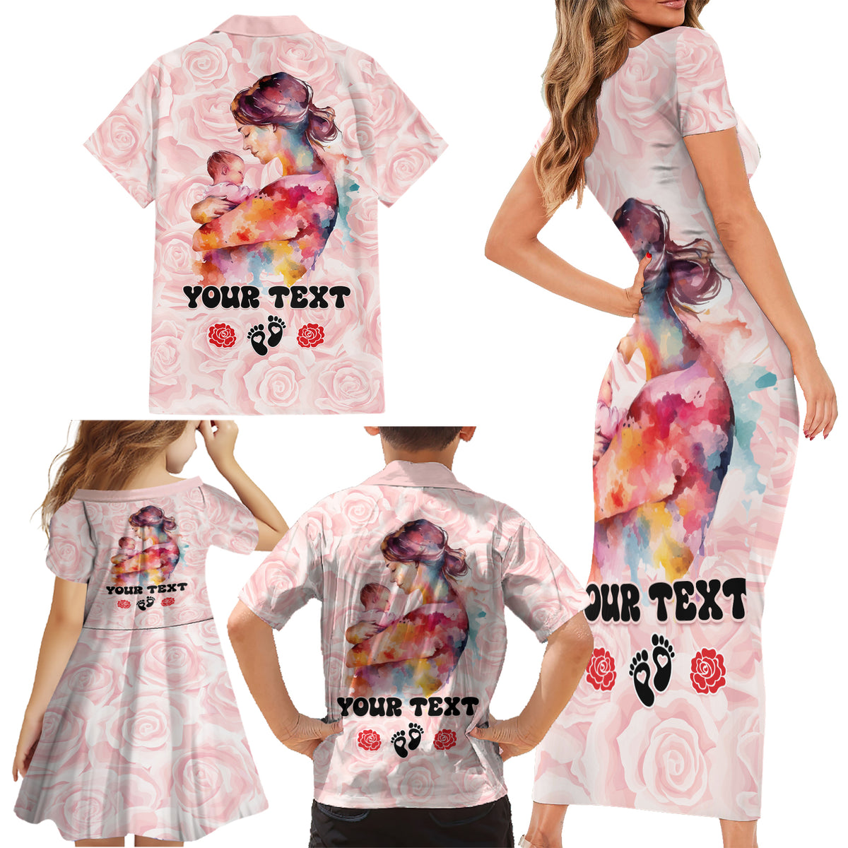 Happy Mother Day Family Matching Short Sleeve Bodycon Dress and Hawaiian Shirt Mommy Est 2024 - Wonder Print Shop
