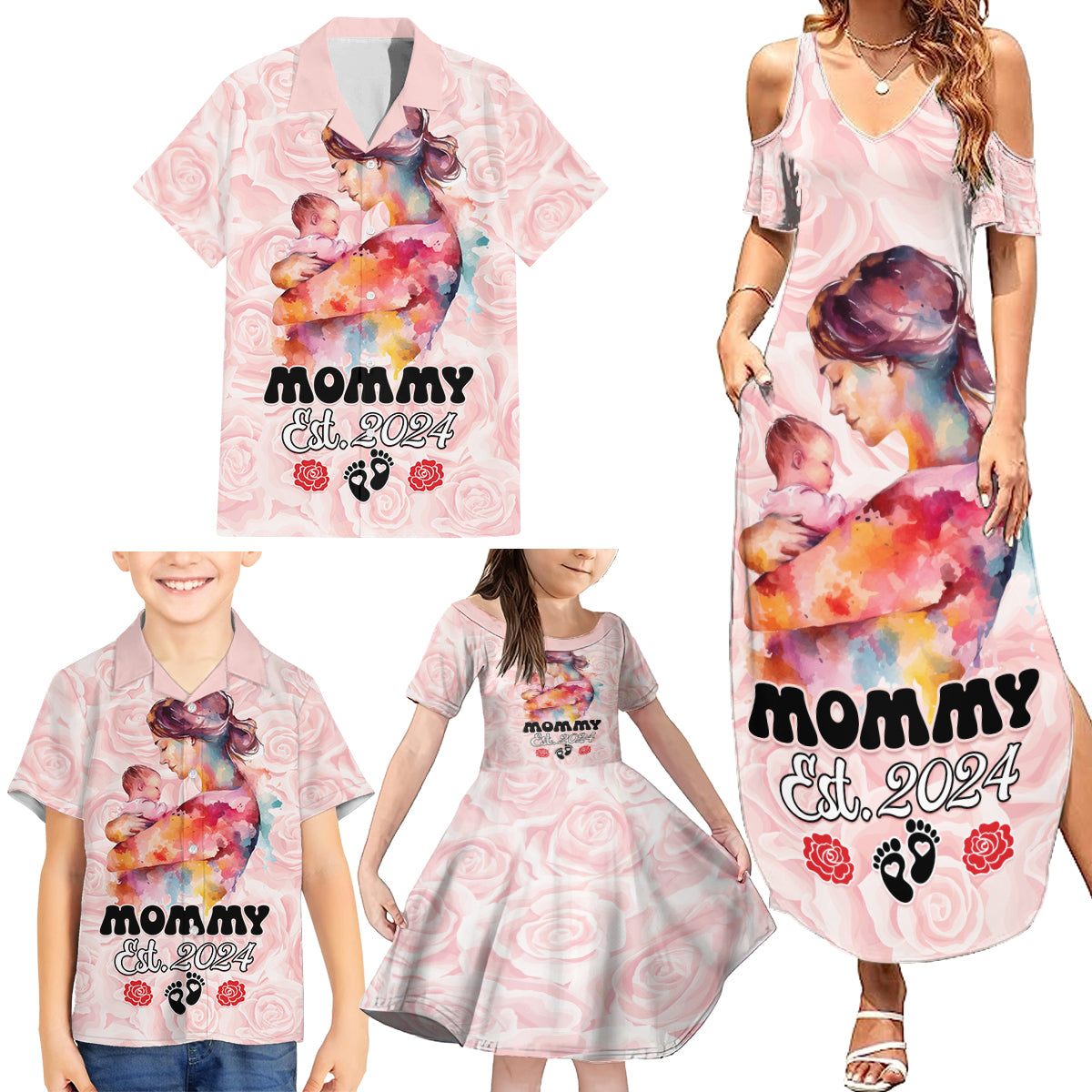 Happy Mother Day Family Matching Summer Maxi Dress and Hawaiian Shirt Mommy Est 2024 - Wonder Print Shop