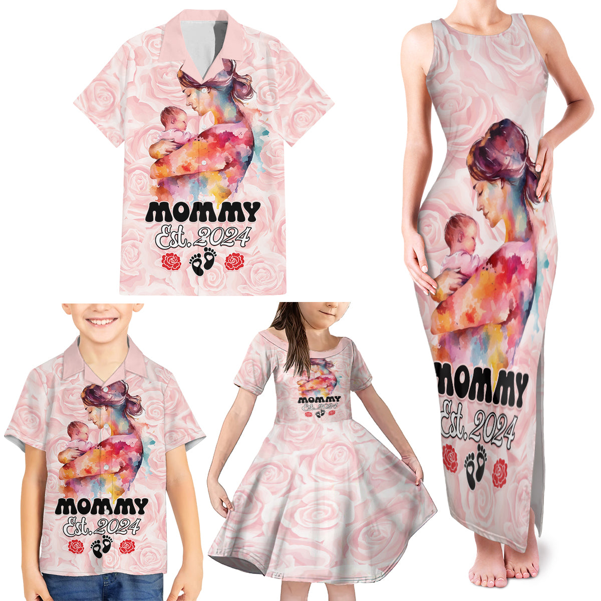 Happy Mother Day Family Matching Tank Maxi Dress and Hawaiian Shirt Mommy Est 2024 - Wonder Print Shop
