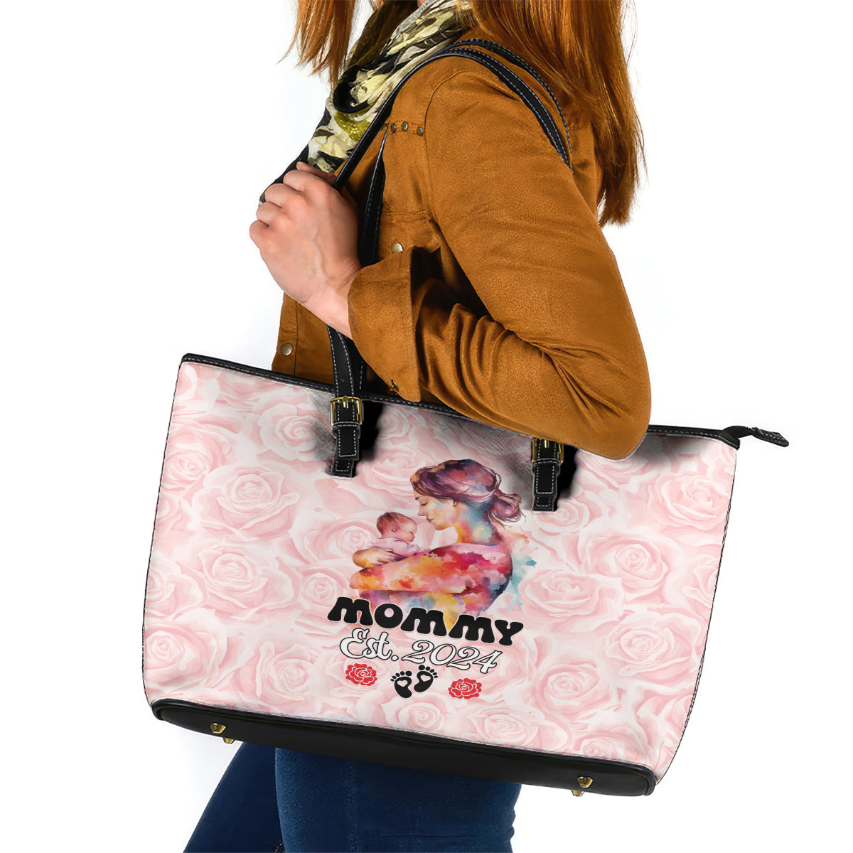 Happy Mother Day Leather Tote Bag Mommy Est 2024