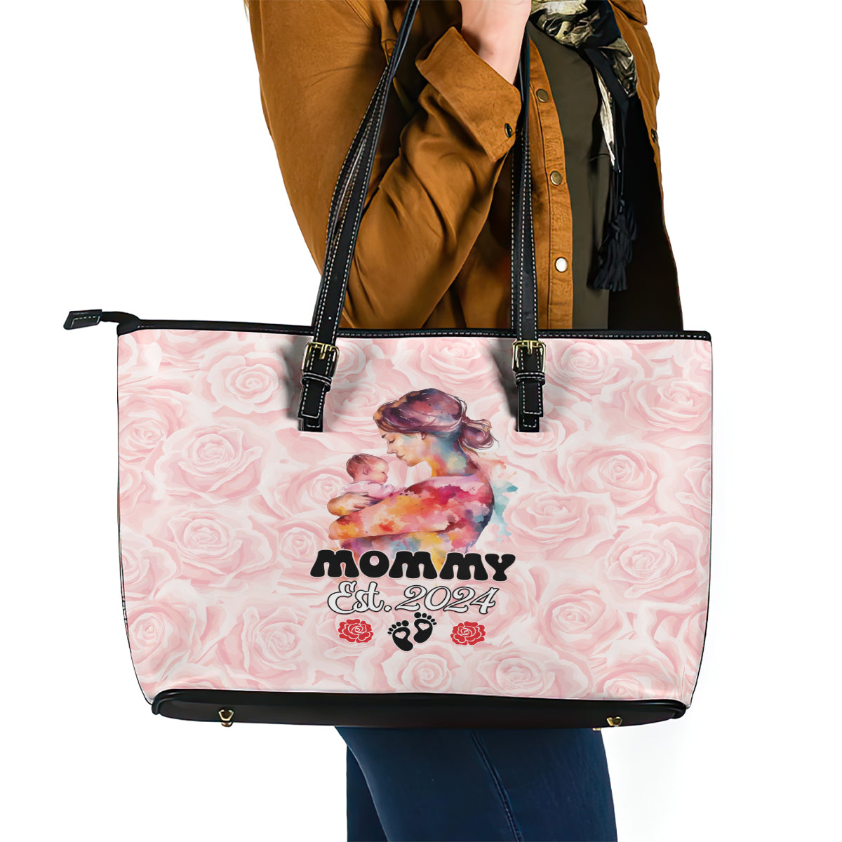 Happy Mother Day Leather Tote Bag Mommy Est 2024 - Wonder Print Shop