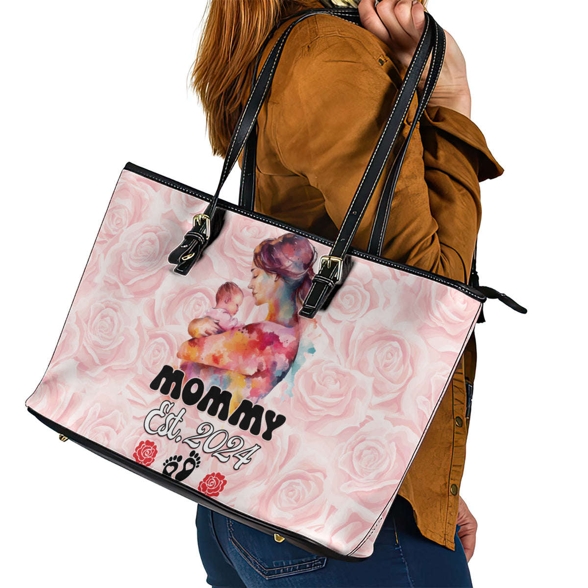 Happy Mother Day Leather Tote Bag Mommy Est 2024 - Wonder Print Shop
