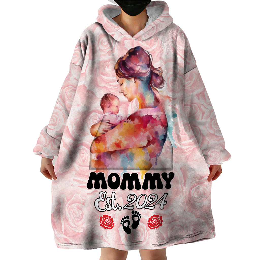 Happy Mother Day Wearable Blanket Hoodie Mommy Est 2024 - Wonder Print Shop
