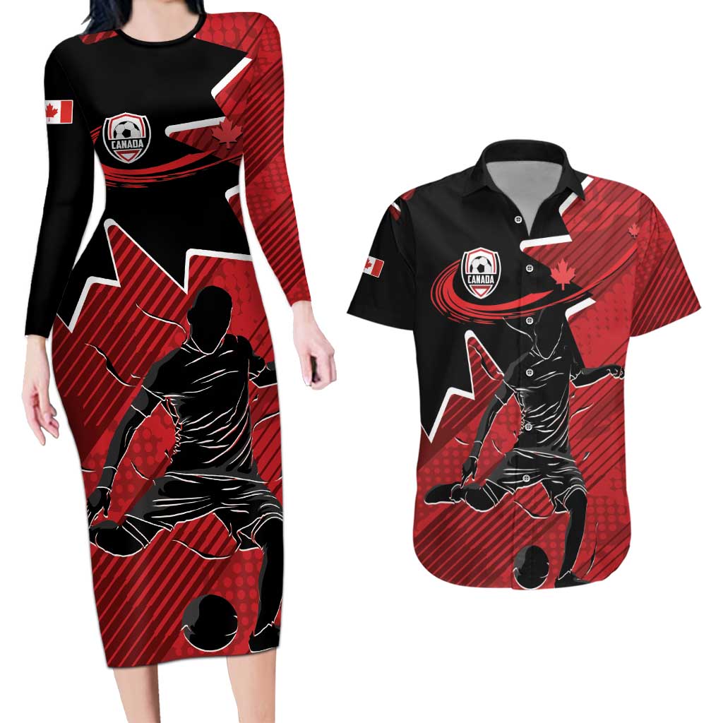 Custom Canada Soccer Couples Matching Long Sleeve Bodycon Dress and Hawaiian Shirt Maple Leaf Together We Rise