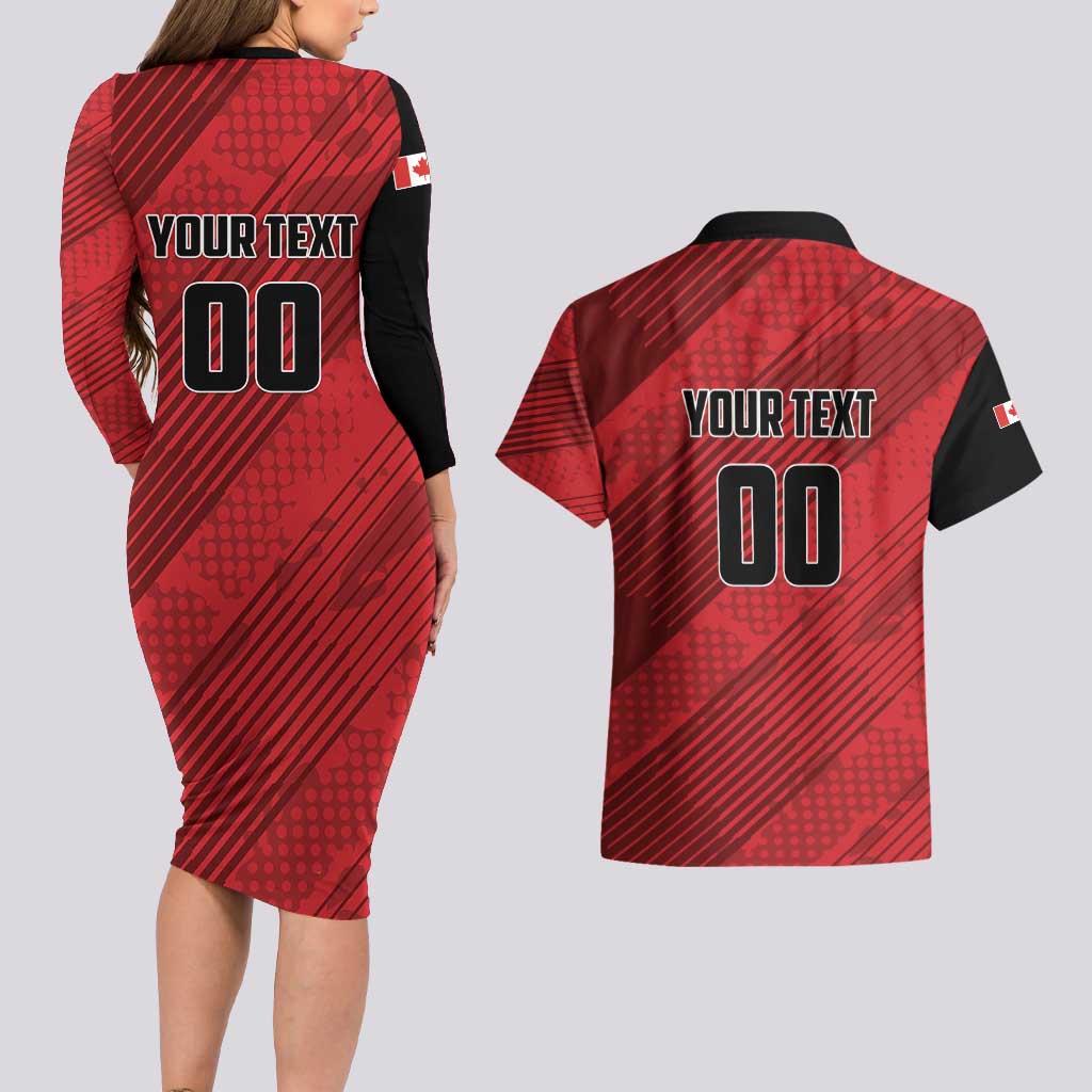 Custom Canada Soccer Couples Matching Long Sleeve Bodycon Dress and Hawaiian Shirt Maple Leaf Together We Rise