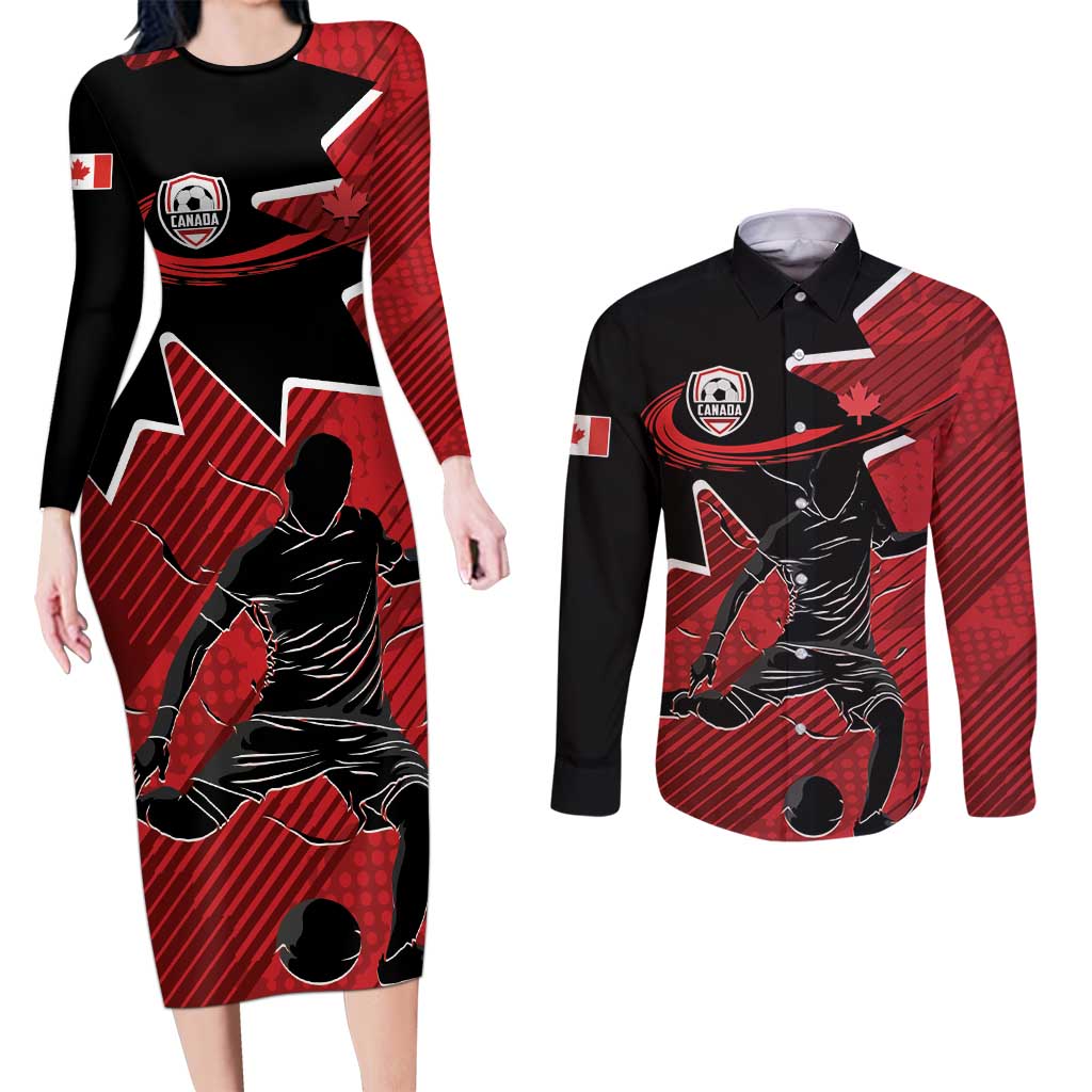 Custom Canada Soccer Couples Matching Long Sleeve Bodycon Dress and Long Sleeve Button Shirt Maple Leaf Together We Rise