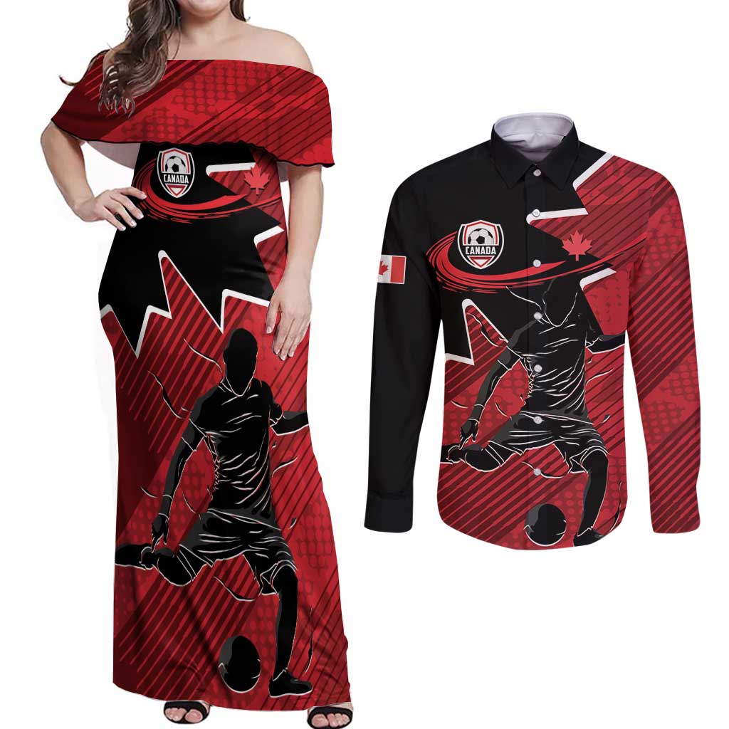 Custom Canada Soccer Couples Matching Off Shoulder Maxi Dress and Long Sleeve Button Shirt Maple Leaf Together We Rise