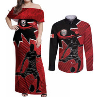 Custom Canada Soccer Couples Matching Off Shoulder Maxi Dress and Long Sleeve Button Shirt Maple Leaf Together We Rise