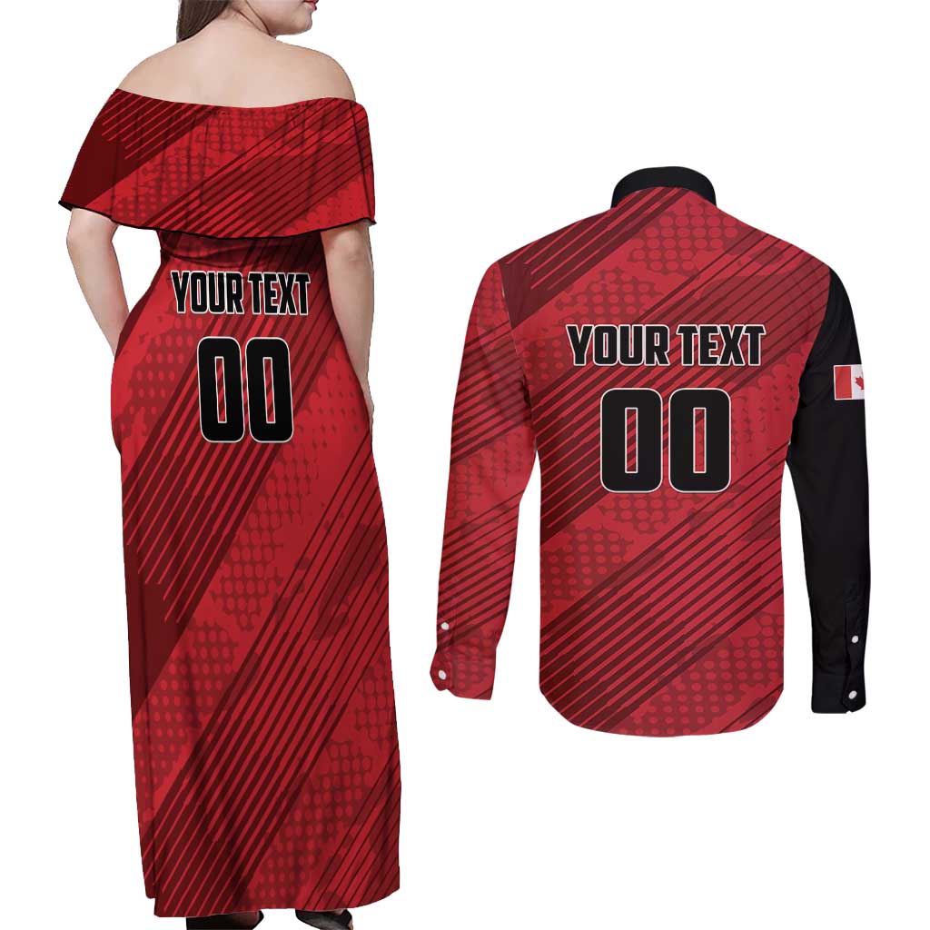 Custom Canada Soccer Couples Matching Off Shoulder Maxi Dress and Long Sleeve Button Shirt Maple Leaf Together We Rise