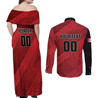 Custom Canada Soccer Couples Matching Off Shoulder Maxi Dress and Long Sleeve Button Shirt Maple Leaf Together We Rise