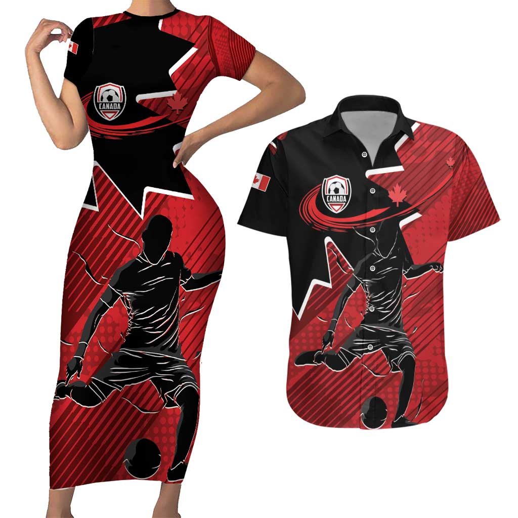 Custom Canada Soccer Couples Matching Short Sleeve Bodycon Dress and Hawaiian Shirt Maple Leaf Together We Rise
