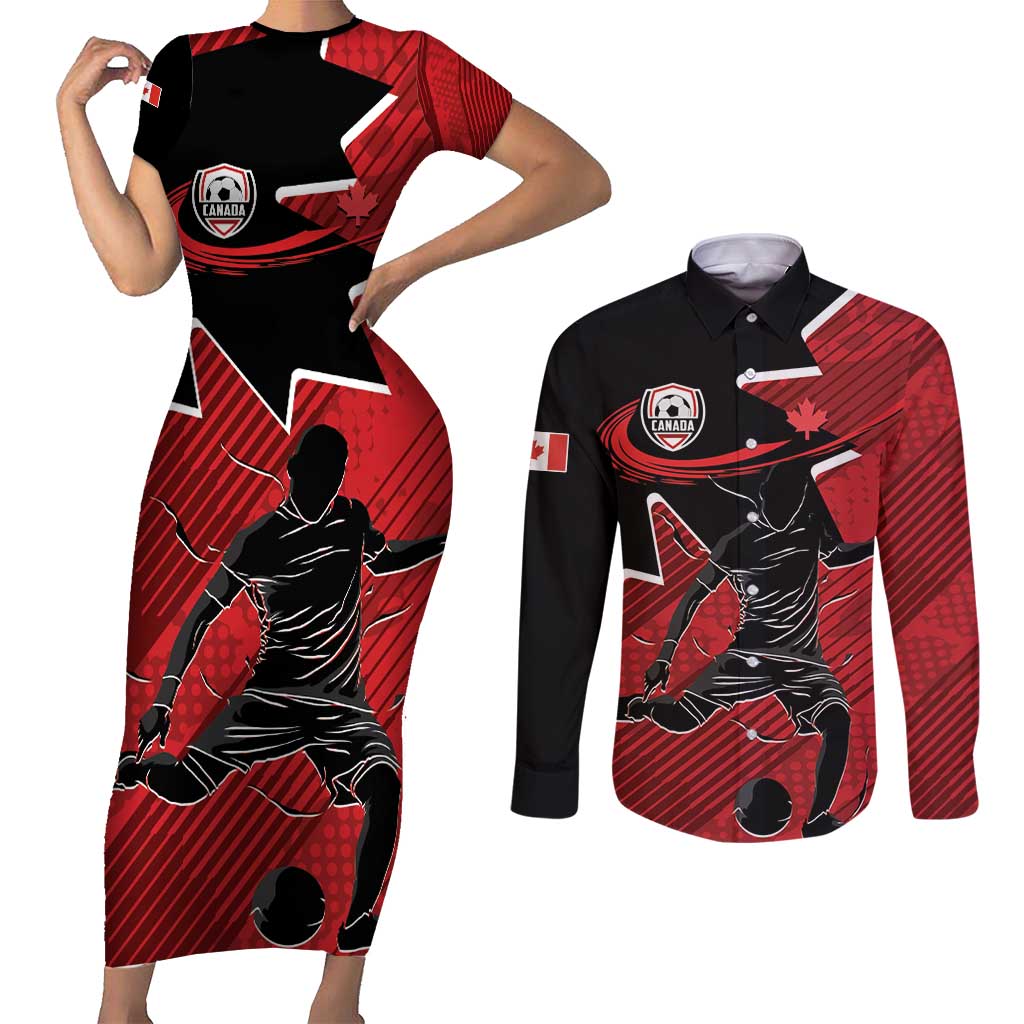 Custom Canada Soccer Couples Matching Short Sleeve Bodycon Dress and Long Sleeve Button Shirt Maple Leaf Together We Rise