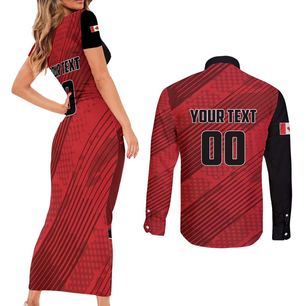 Custom Canada Soccer Couples Matching Short Sleeve Bodycon Dress and Long Sleeve Button Shirt Maple Leaf Together We Rise