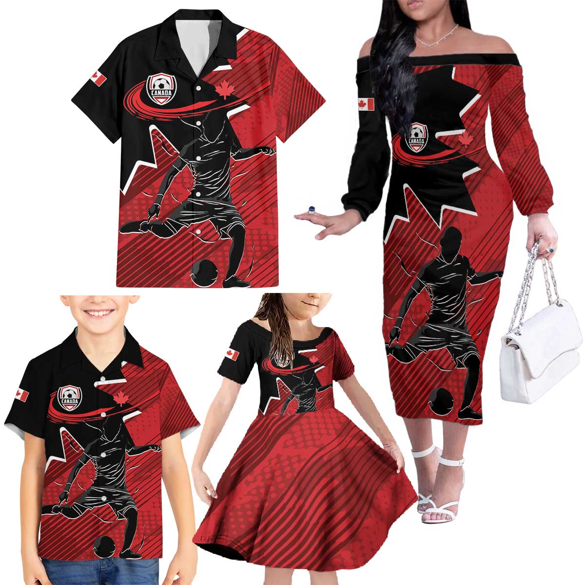 Custom Canada Soccer Family Matching Off The Shoulder Long Sleeve Dress and Hawaiian Shirt Maple Leaf Together We Rise