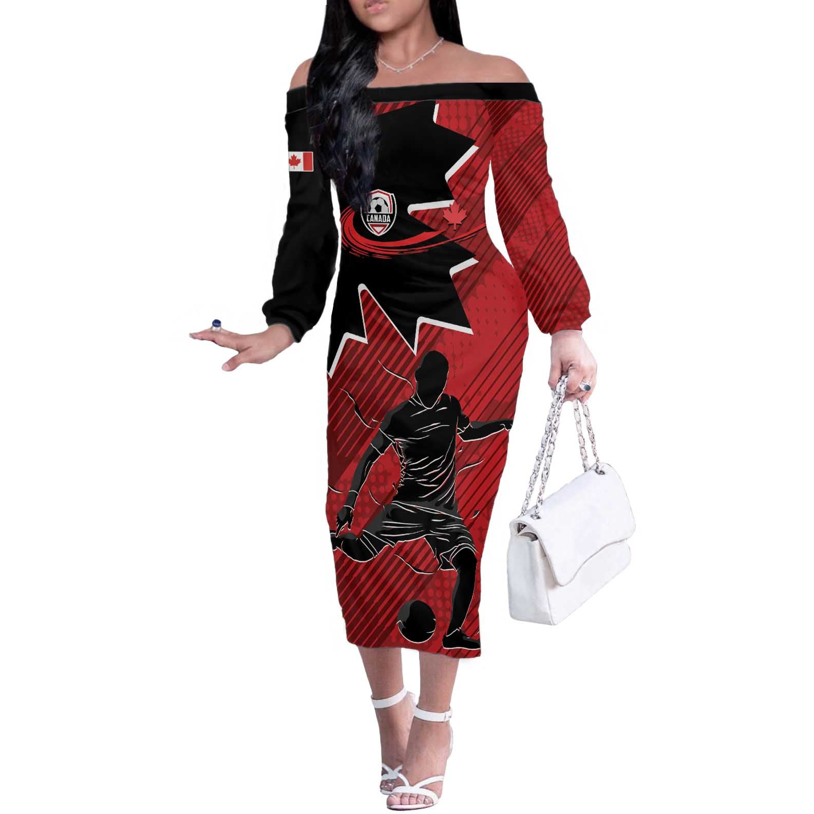Custom Canada Soccer Off The Shoulder Long Sleeve Dress Maple Leaf Together We Rise