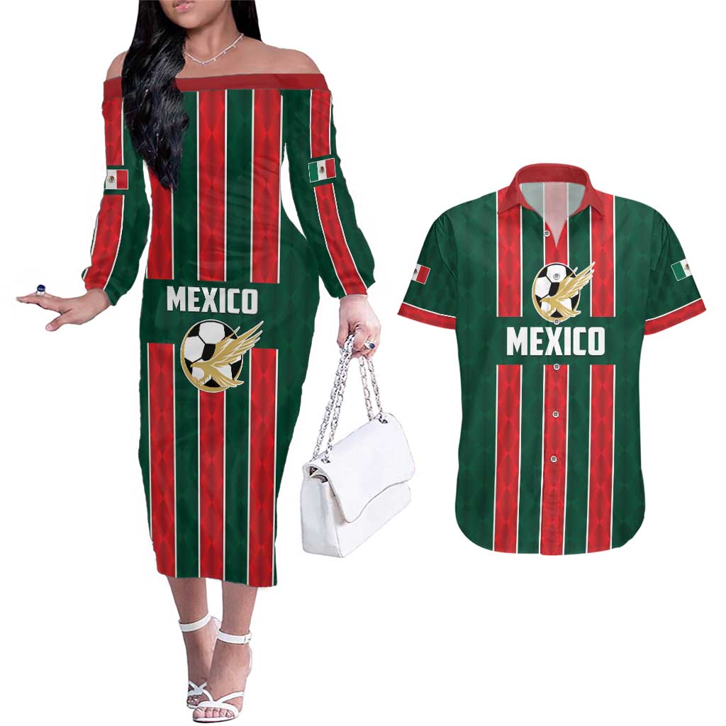 Custom Mexico Football Couples Matching Off The Shoulder Long Sleeve Dress and Hawaiian Shirt Siempre Con El Tri