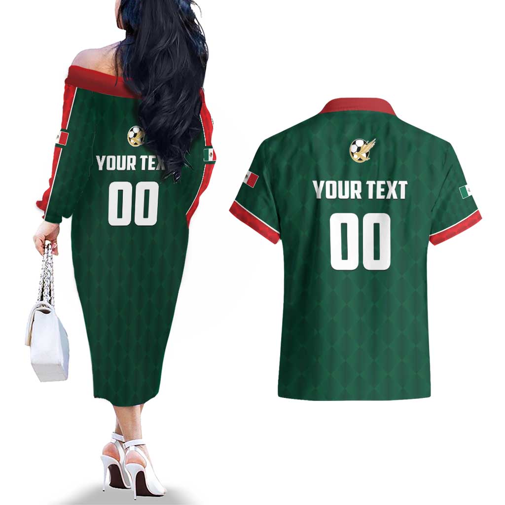 Custom Mexico Football Couples Matching Off The Shoulder Long Sleeve Dress and Hawaiian Shirt Siempre Con El Tri