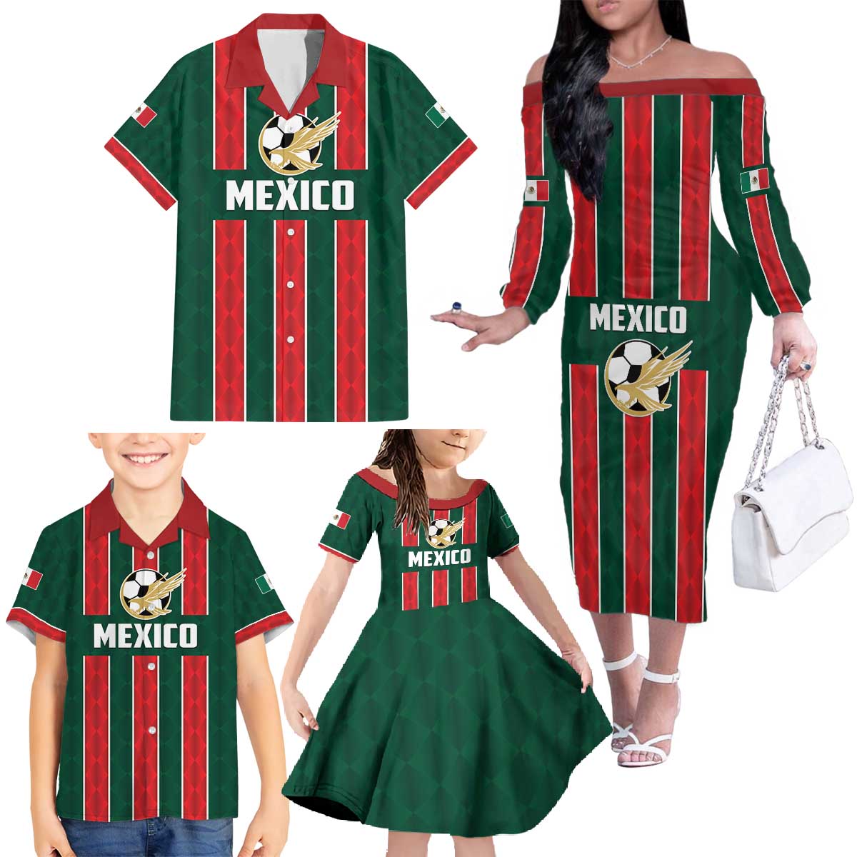 Custom Mexico Football Family Matching Off The Shoulder Long Sleeve Dress and Hawaiian Shirt Siempre Con El Tri