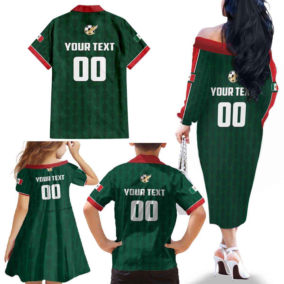 Custom Mexico Football Family Matching Off The Shoulder Long Sleeve Dress and Hawaiian Shirt Siempre Con El Tri