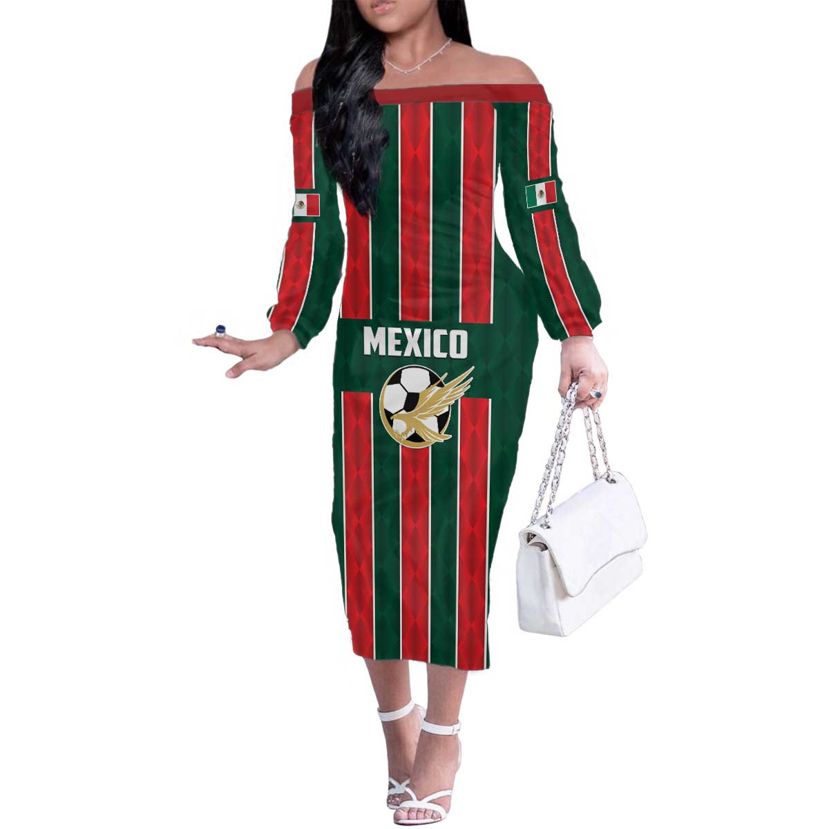 Custom Mexico Football Family Matching Off The Shoulder Long Sleeve Dress and Hawaiian Shirt Siempre Con El Tri