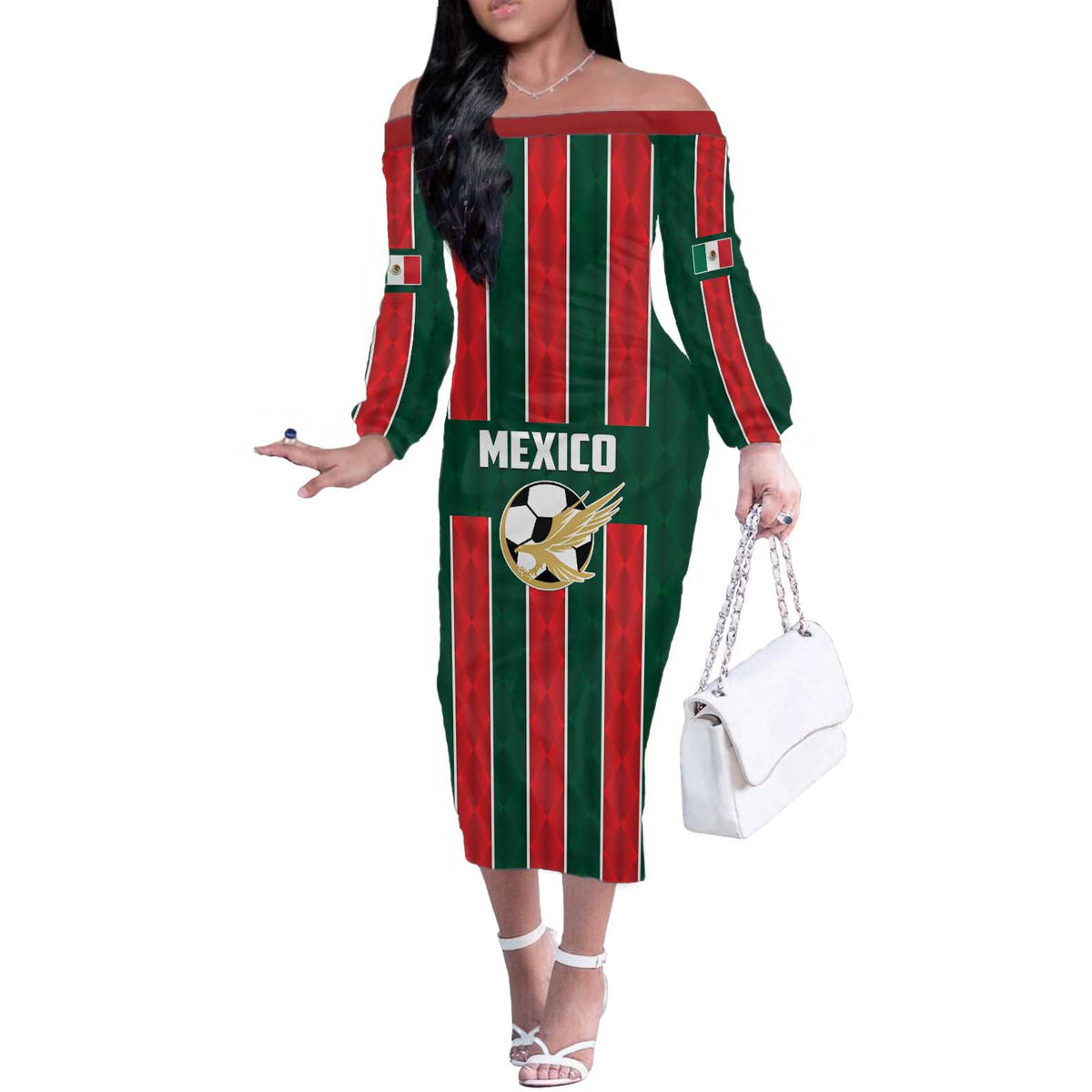 Custom Mexico Football Off The Shoulder Long Sleeve Dress Siempre Con El Tri
