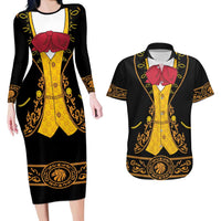 Mexican Mariachi Charro Suit Stylized Couples Matching Long Sleeve Bodycon Dress and Hawaiian Shirt Cinco de Mayo Fiesta
