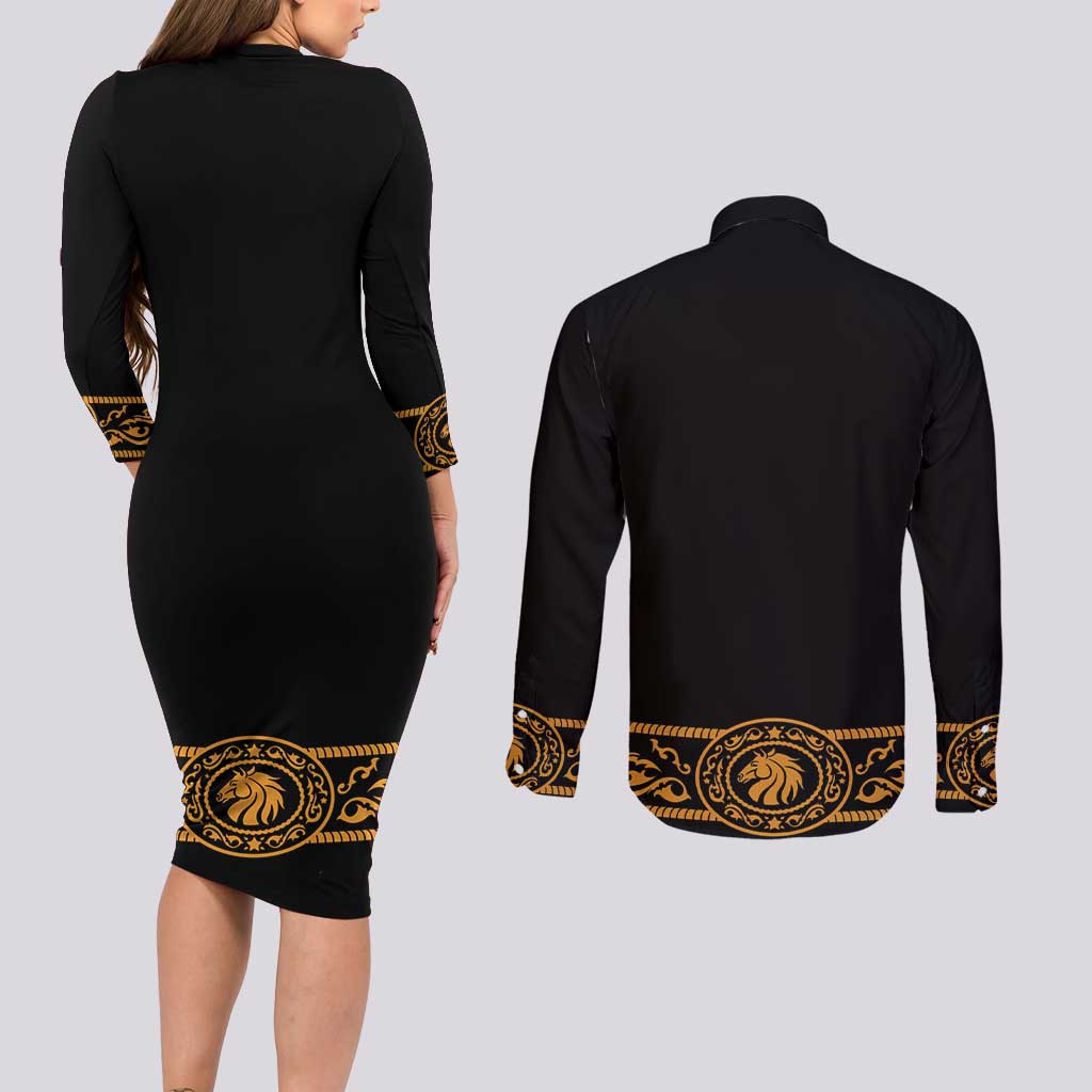 Mexican Mariachi Charro Suit Stylized Couples Matching Long Sleeve Bodycon Dress and Long Sleeve Button Shirt Cinco de Mayo Fiesta