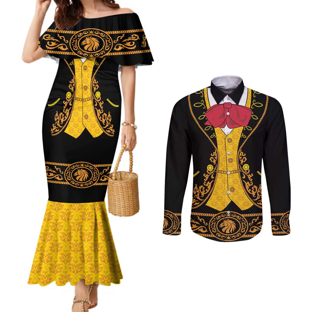 Mexican Mariachi Charro Suit Stylized Couples Matching Mermaid Dress and Long Sleeve Button Shirt Cinco de Mayo Fiesta