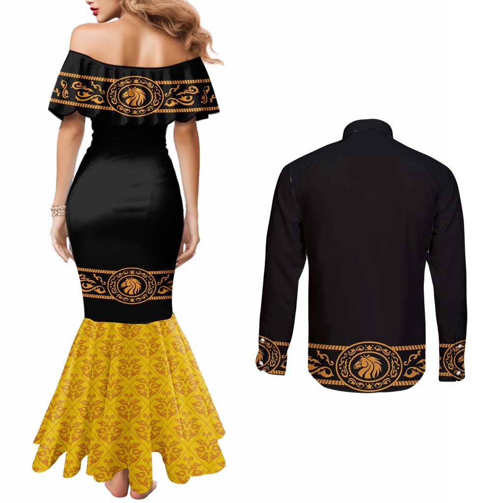 Mexican Mariachi Charro Suit Stylized Couples Matching Mermaid Dress and Long Sleeve Button Shirt Cinco de Mayo Fiesta