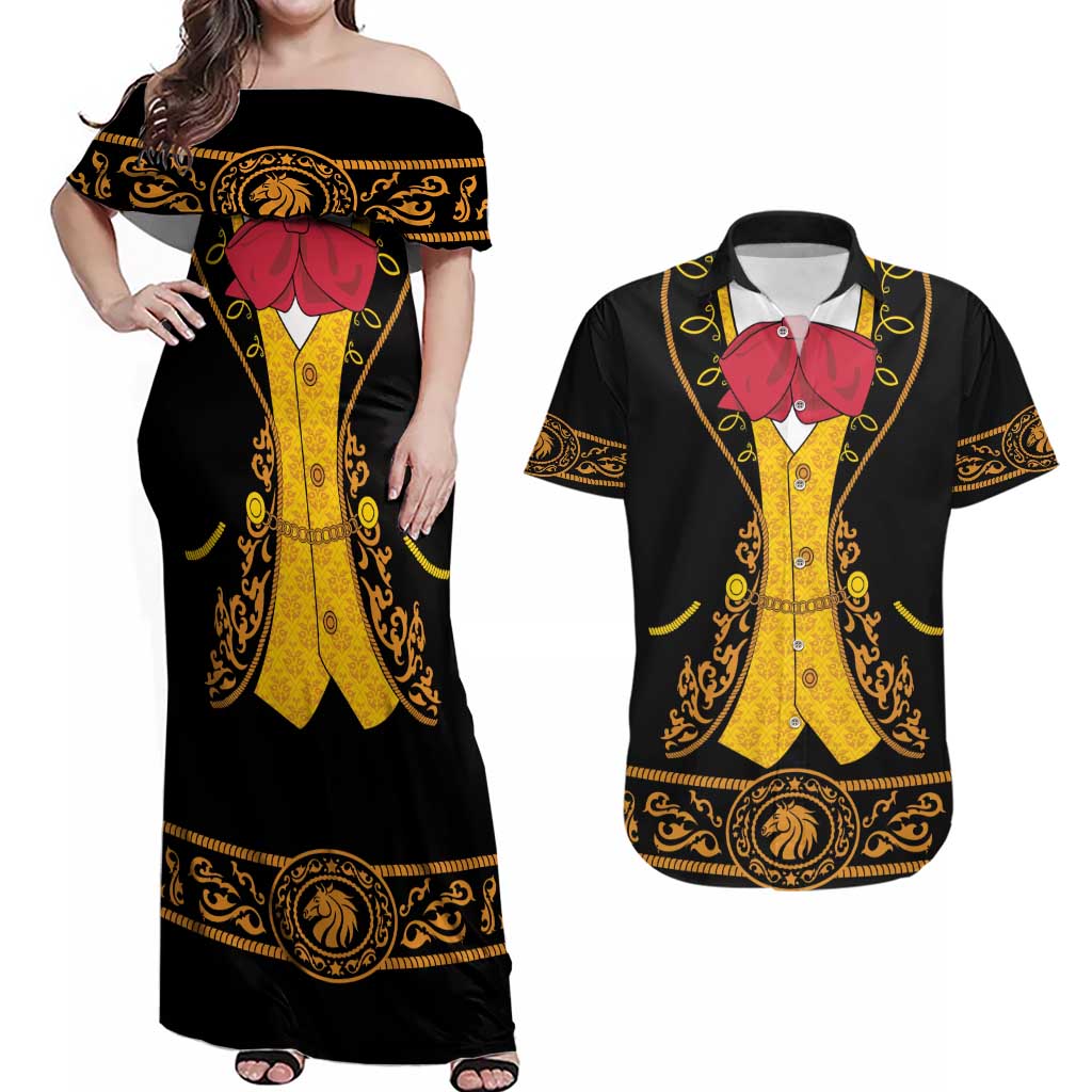 Mexican Mariachi Charro Suit Stylized Couples Matching Off Shoulder Maxi Dress and Hawaiian Shirt Cinco de Mayo Fiesta
