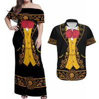 Mexican Mariachi Charro Suit Stylized Couples Matching Off Shoulder Maxi Dress and Hawaiian Shirt Cinco de Mayo Fiesta