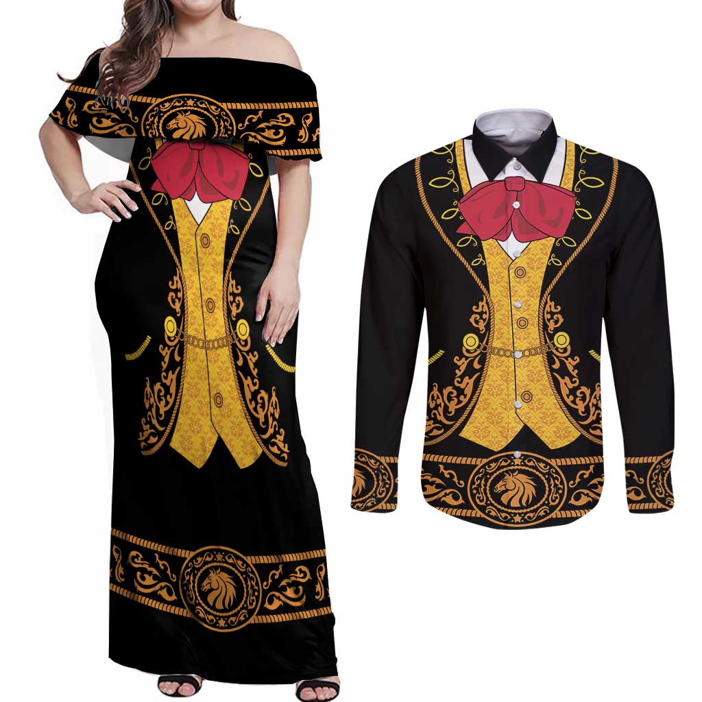 Mexican Mariachi Charro Suit Stylized Couples Matching Off Shoulder Maxi Dress and Long Sleeve Button Shirt Cinco de Mayo Fiesta