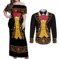Mexican Mariachi Charro Suit Stylized Couples Matching Off Shoulder Maxi Dress and Long Sleeve Button Shirt Cinco de Mayo Fiesta