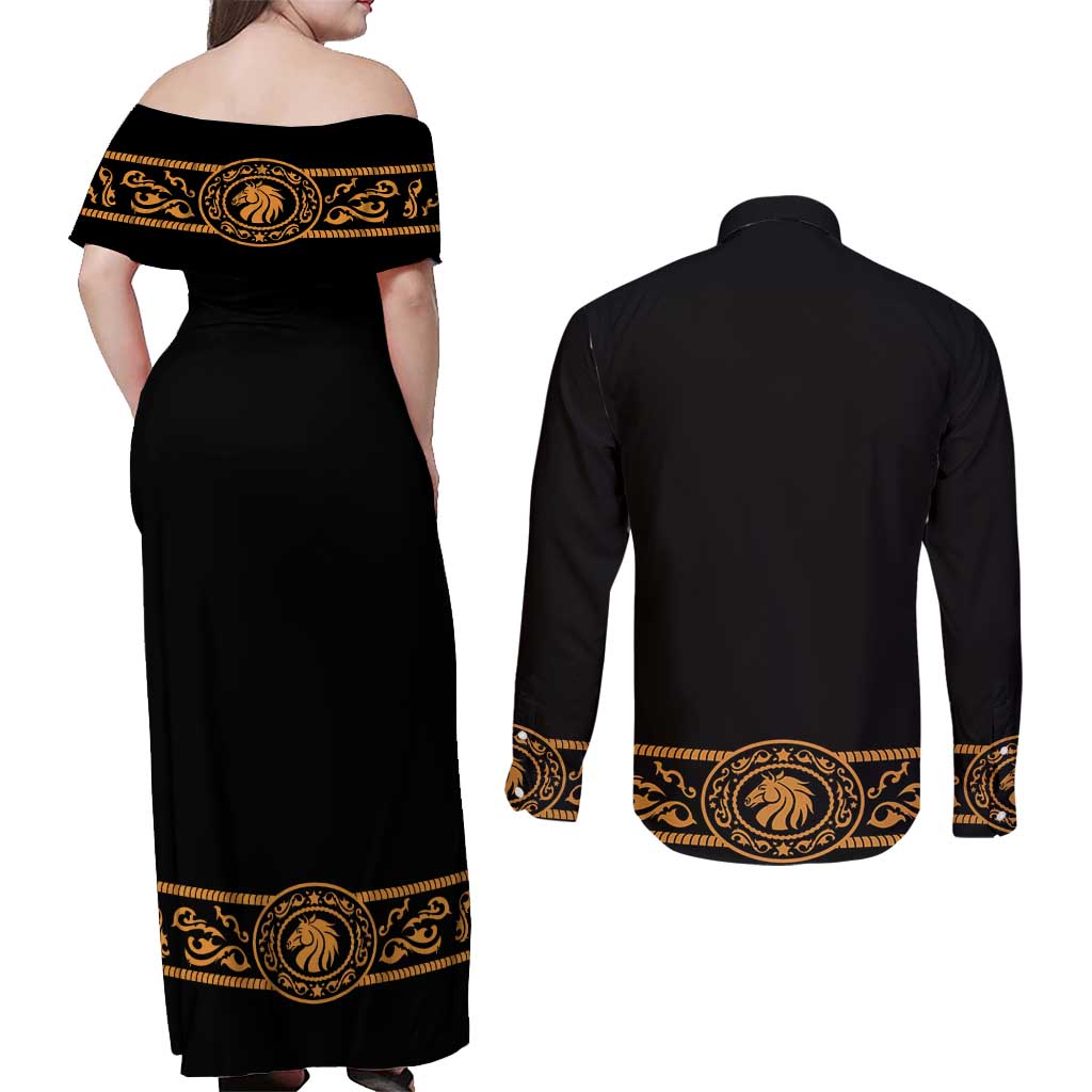Mexican Mariachi Charro Suit Stylized Couples Matching Off Shoulder Maxi Dress and Long Sleeve Button Shirt Cinco de Mayo Fiesta